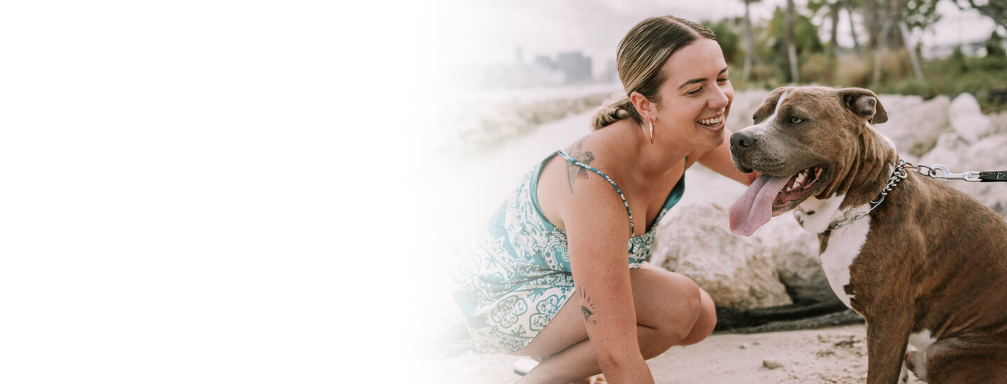 Young woman in a patterned sundress on a beach kneeling to pat a brown dog.